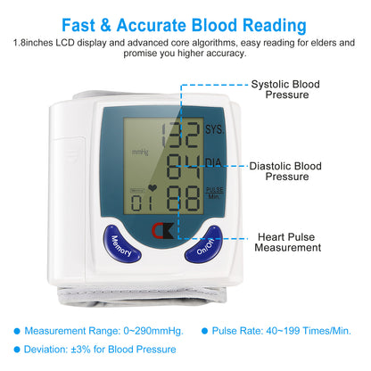 1Pc Blood Pressure Monitor Wrist Digital High Blood Pressure Cuff Heartbeat Tester With 60 Reading Memory 1.8 Inches LCD Screen Storage Box